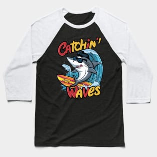 Funny Shark Catching Waves Baseball T-Shirt